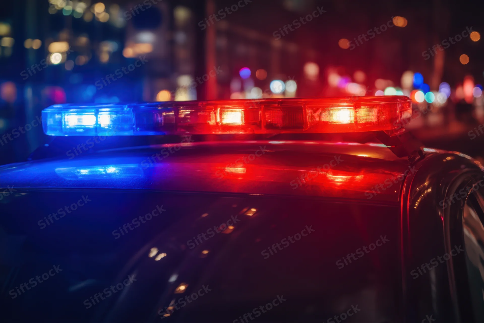 Police car with flashing red and blue lights on rooftop at night in city street