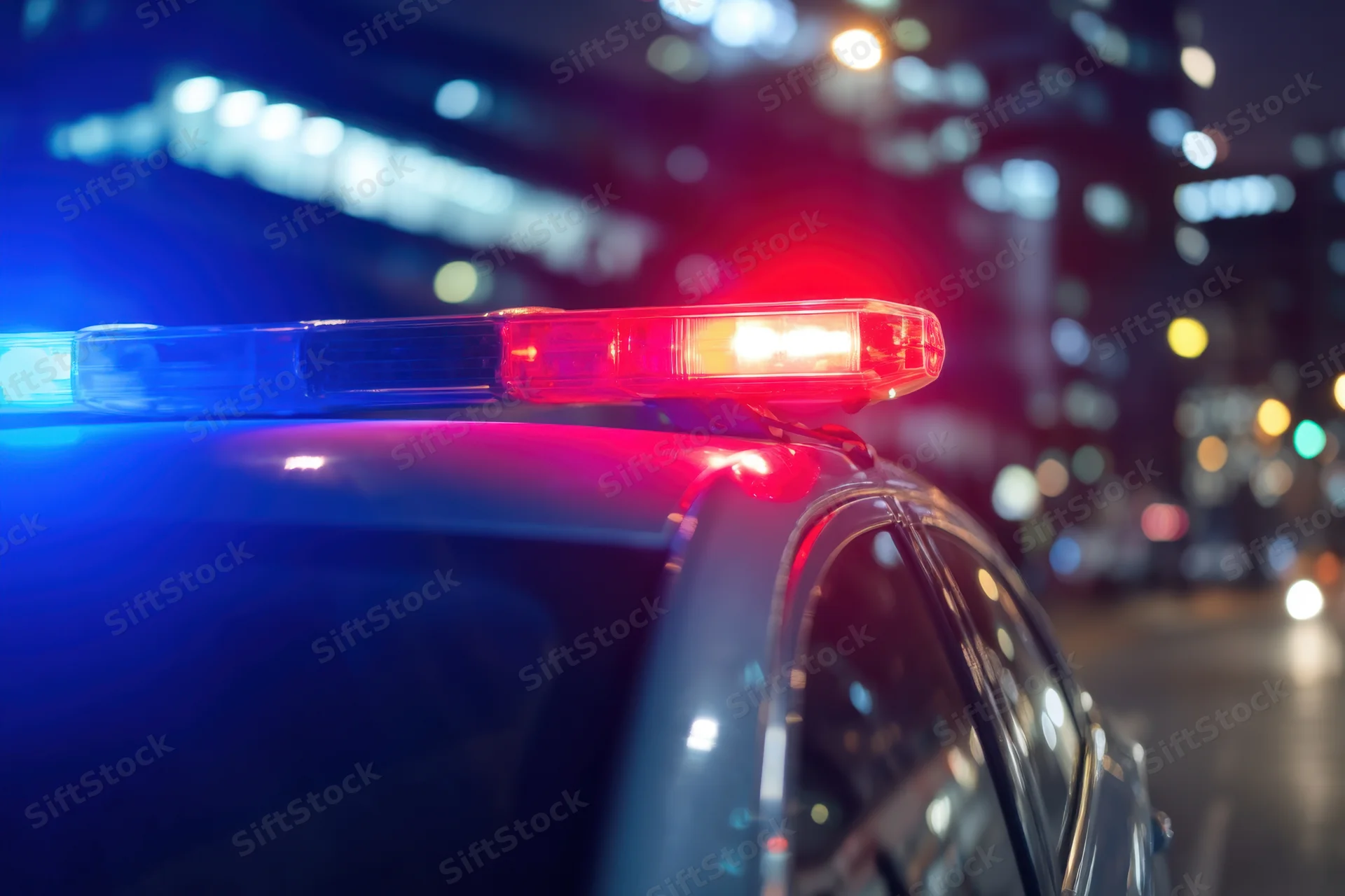 Police car with flashing red and blue lights on city street at night