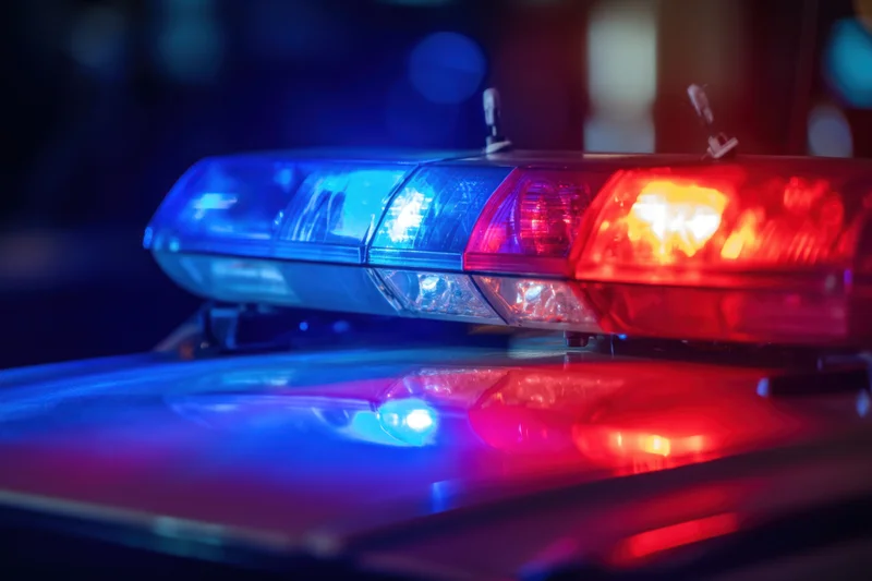 Police lightbar flashing red and blue on vehicle rooftop at night