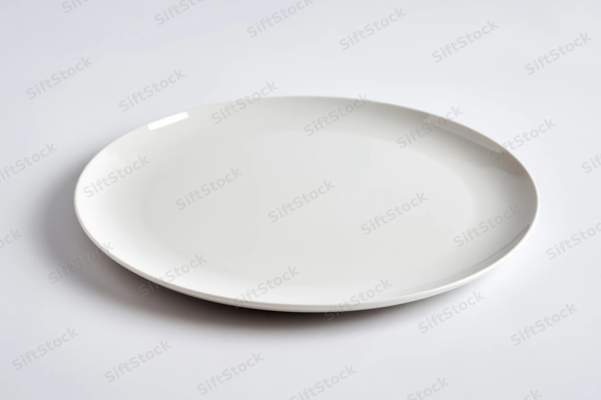 White ceramic plate resting on plain surface with soft shadow and reflection