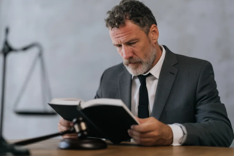 Middleaged man in suit reading book at wooden table with gavel and scales of justice nearby