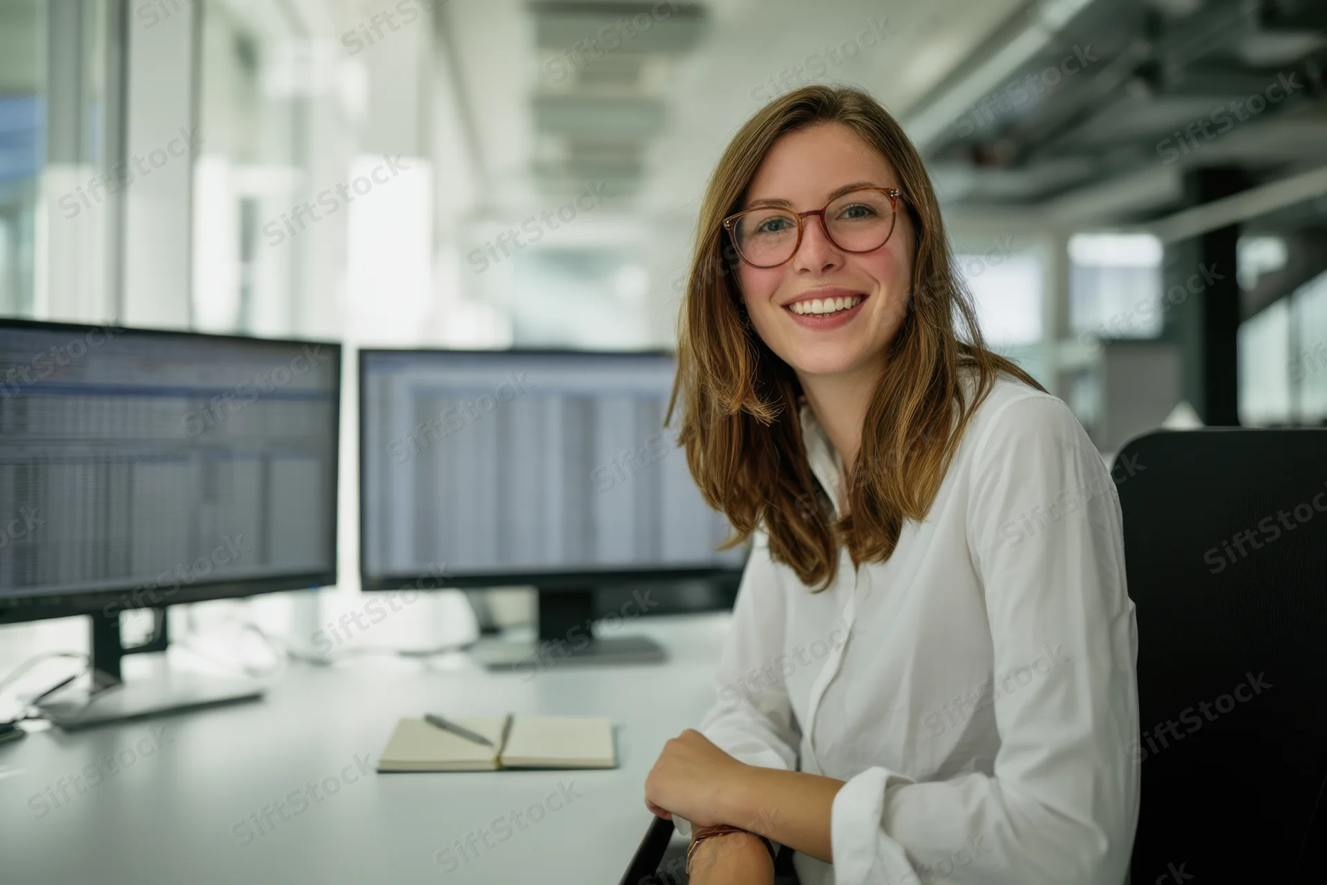 Woman smiling at her desk in a modern office with dual computer monitors and notebook
