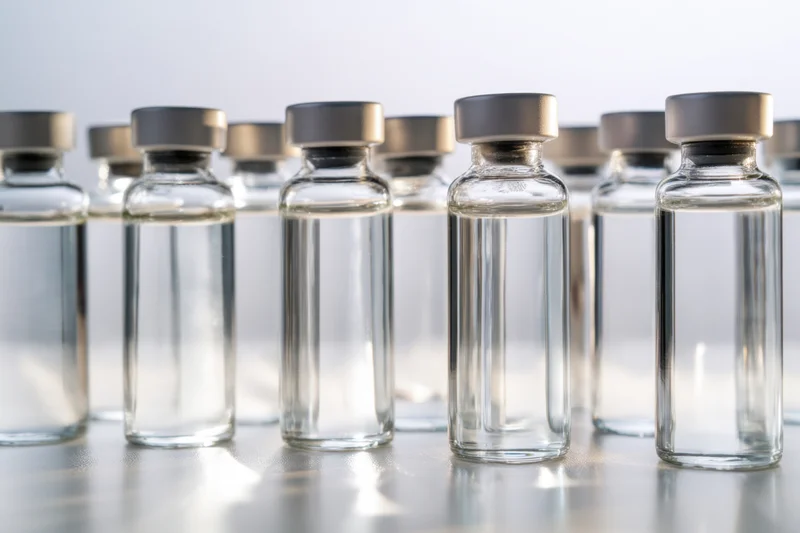 Row of glass vials filled with clear liquid capped and arranged on reflective surface