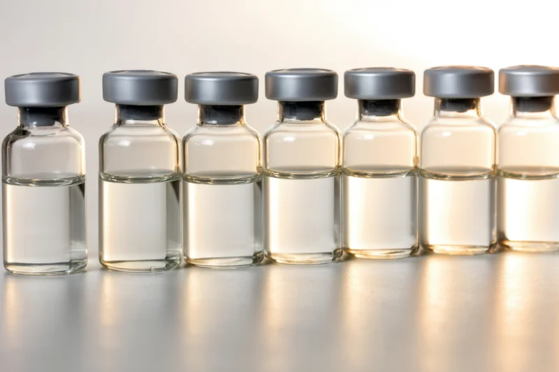 Row of glass vials filled with clear liquid capped with silver lids on a reflective surface