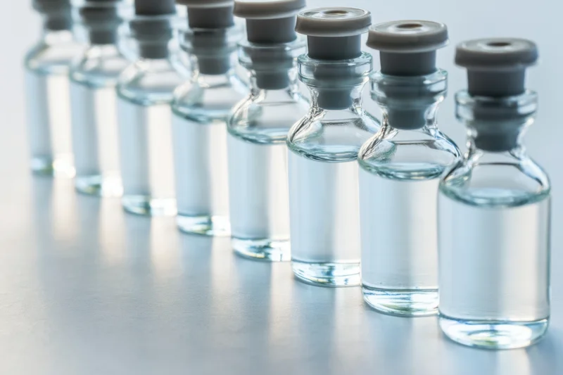 Row of glass vials filled with clear liquid capped in a lab setting