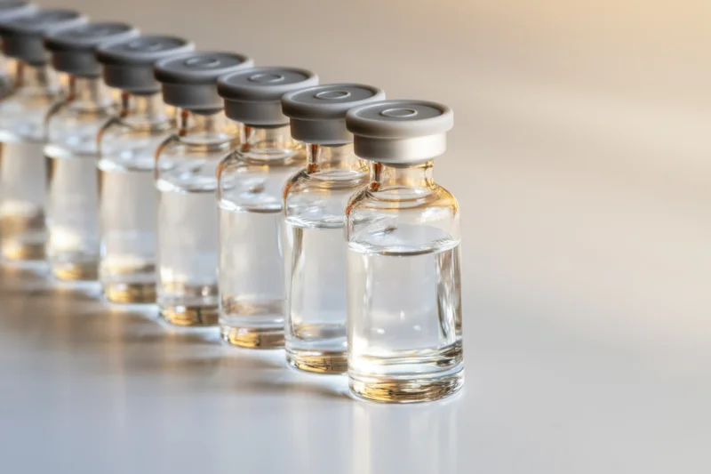 Row of glass vials filled with clear liquid capped in a laboratory setting