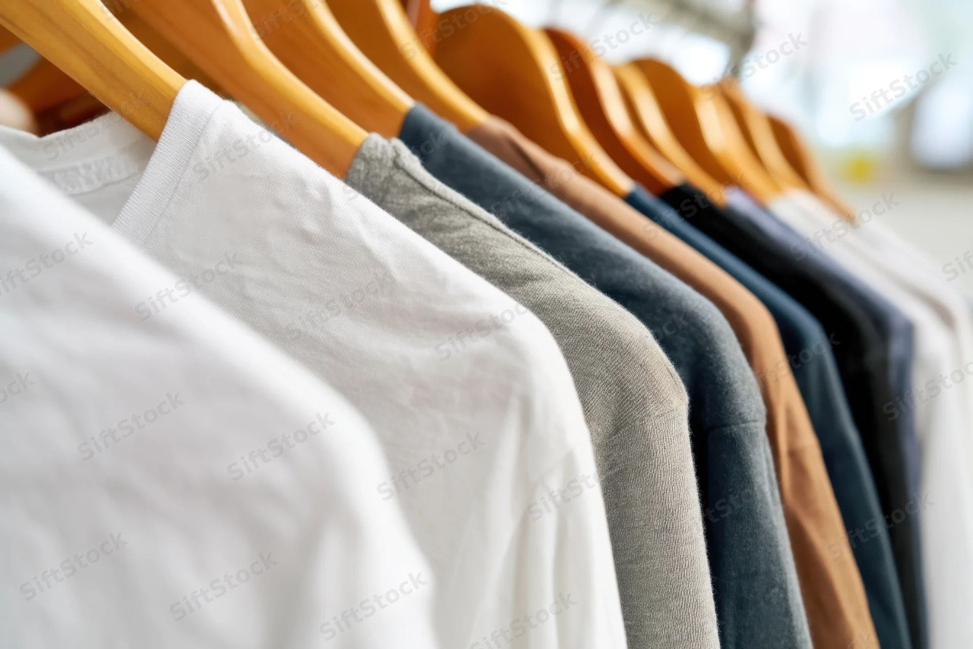 Row of t-shirts in various neutral shades hanging on wooden hangers in a retail display
