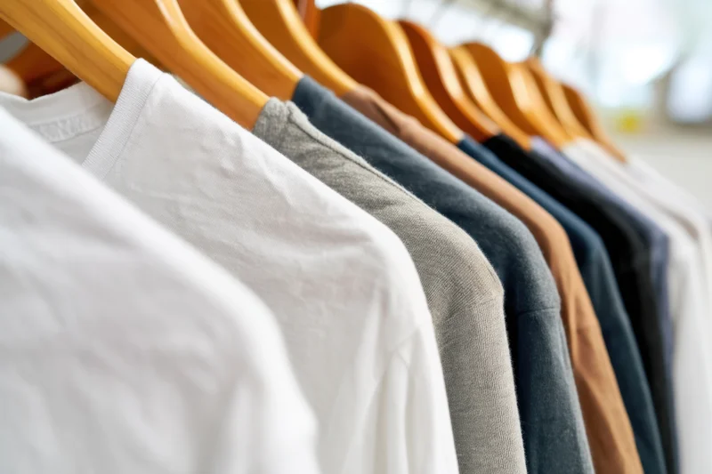 Row of t-shirts in various neutral shades hanging on wooden hangers in a retail display