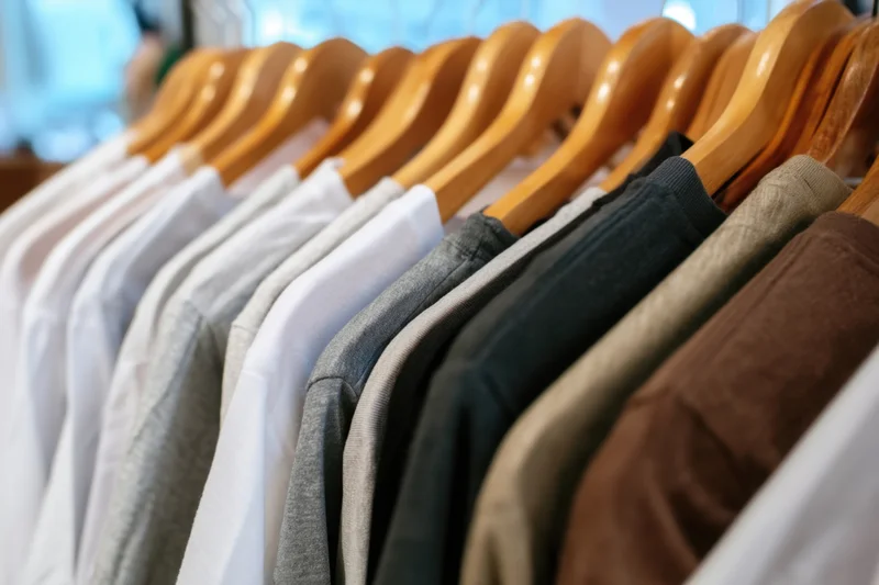 Row of t-shirts in neutral colors hung on wooden hangers in a retail display