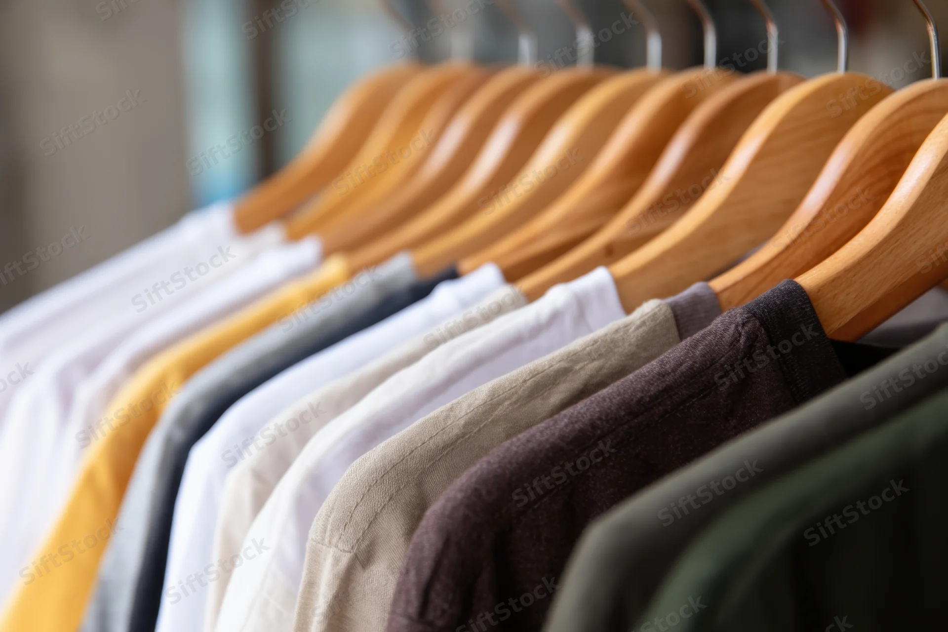 Row of t-shirts in various neutral shades hanging on wooden hangers in a closet