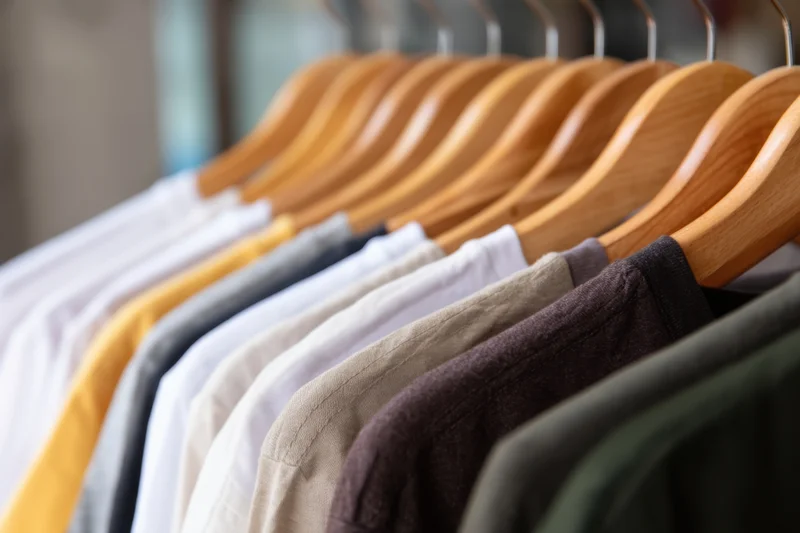 Row of t-shirts in various neutral shades hanging on wooden hangers in a closet