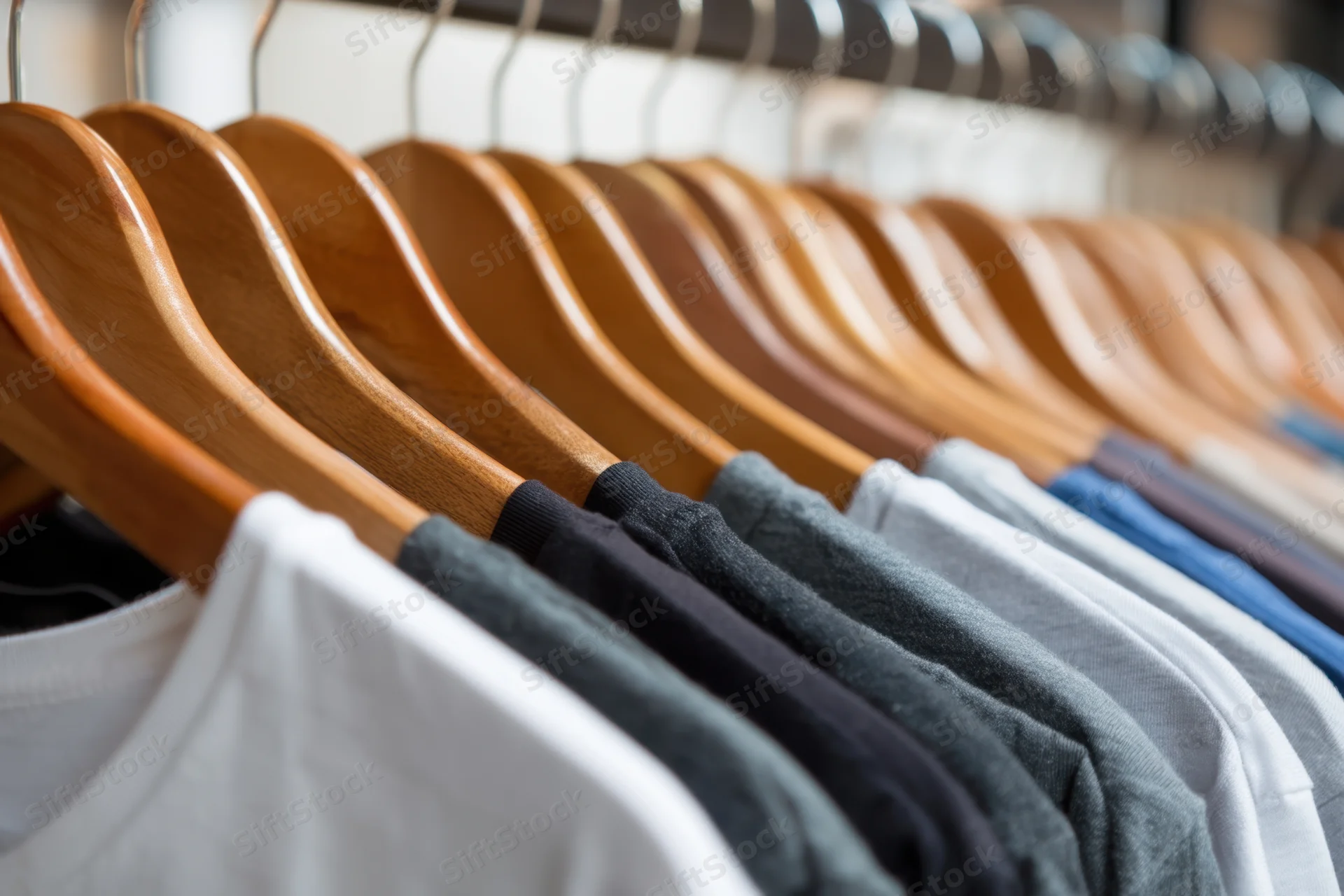 Row of t-shirts in various shades neatly hung on wooden hangers in a retail display