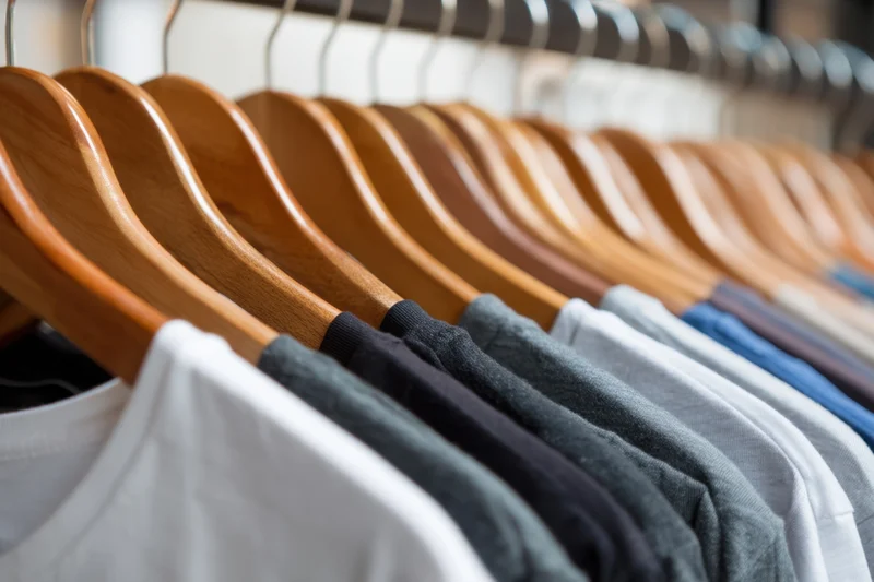 Row of t-shirts in various shades neatly hung on wooden hangers in a retail display