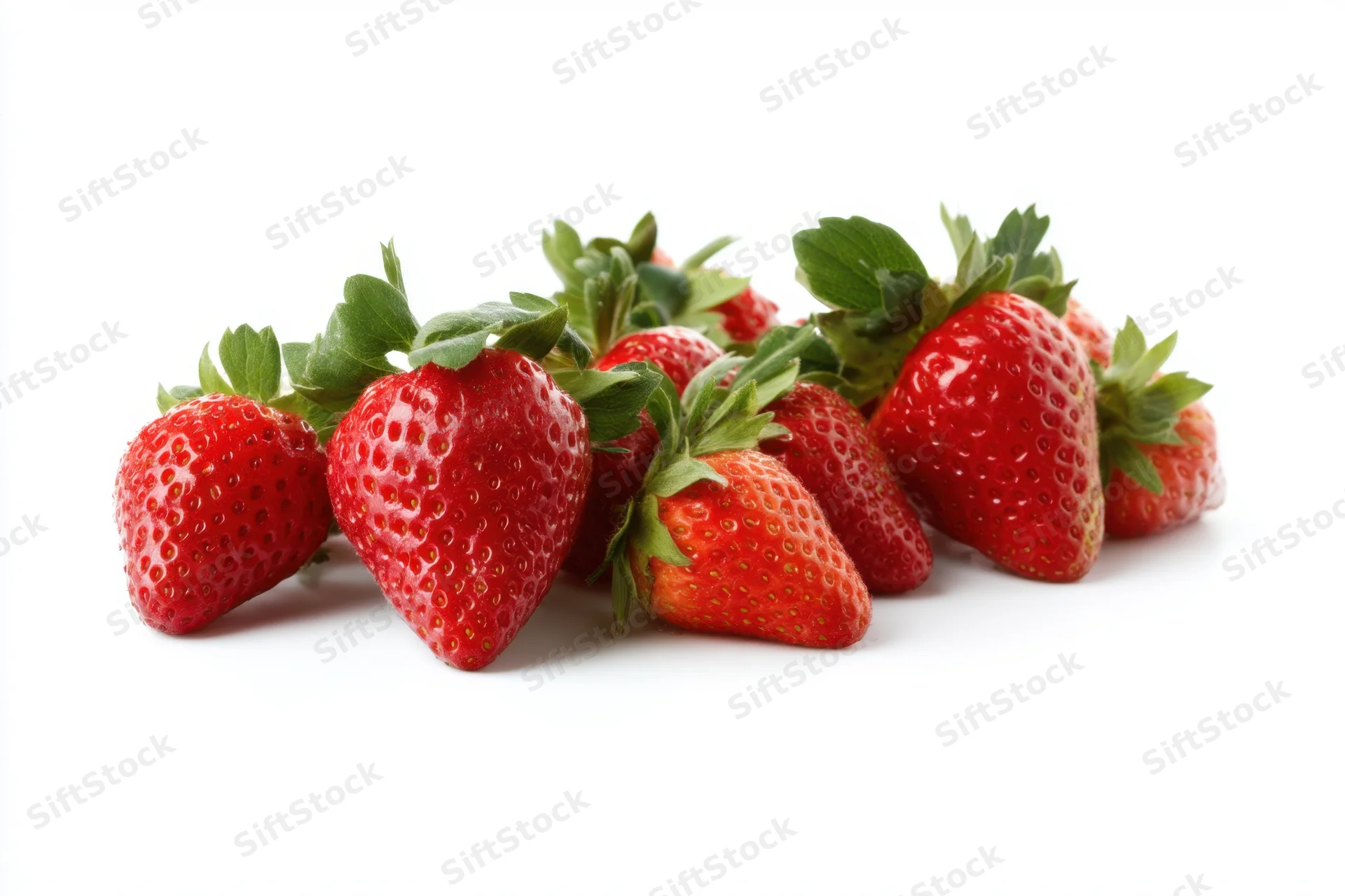 Row of ripe strawberries arranged on white background