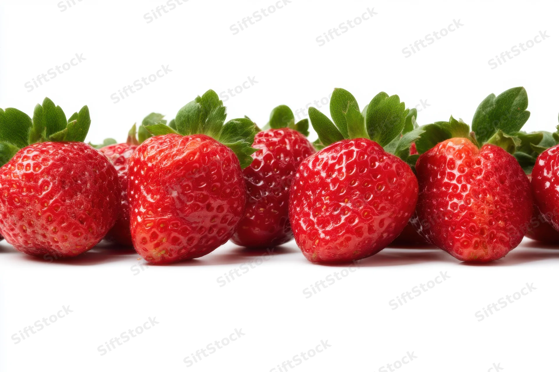 Row of ripe strawberries arranged horizontally on white background