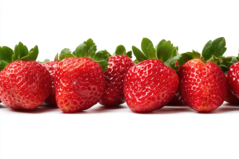 Row of ripe strawberries arranged horizontally on white background