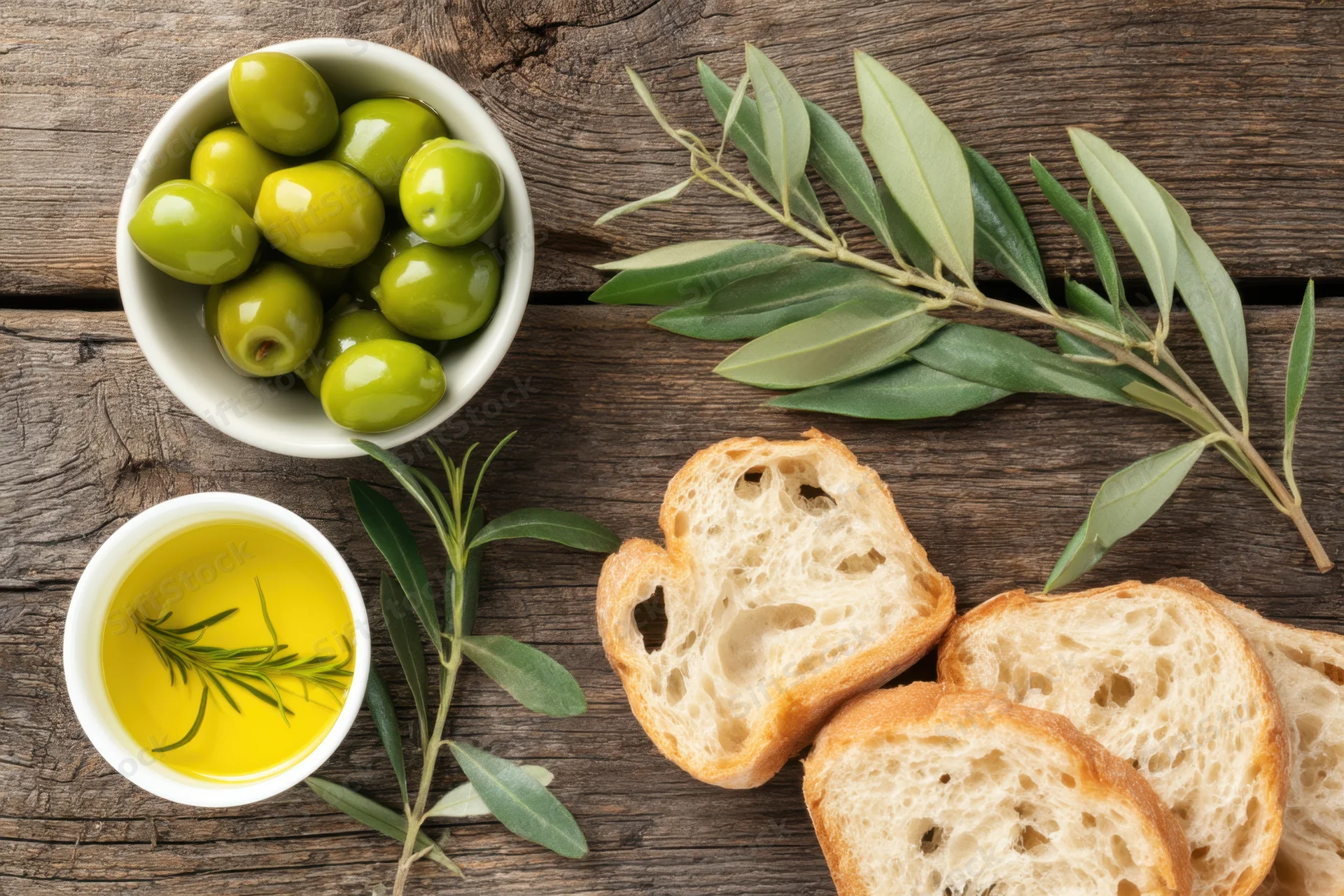 Slices of artisan bread, a bowl of green olives, and olive oil with rosemary sprigs arranged on a rustic wooden table