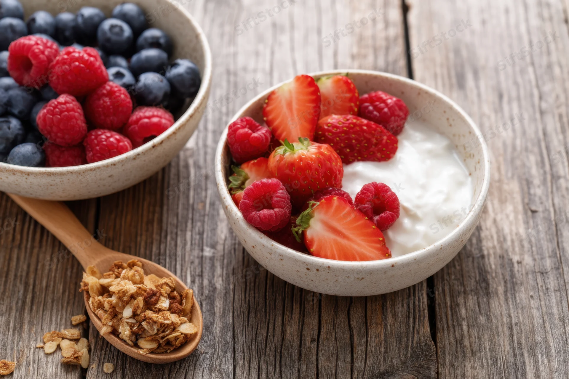 Two bowls of yogurt topped with strawberries, raspberries, and blueberries on a rustic wooden table with a wooden spoon holding granola beside them