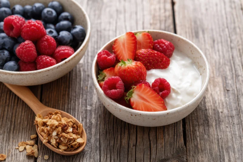 Two bowls of yogurt topped with strawberries, raspberries, and blueberries on a rustic wooden table with a wooden spoon holding granola beside them