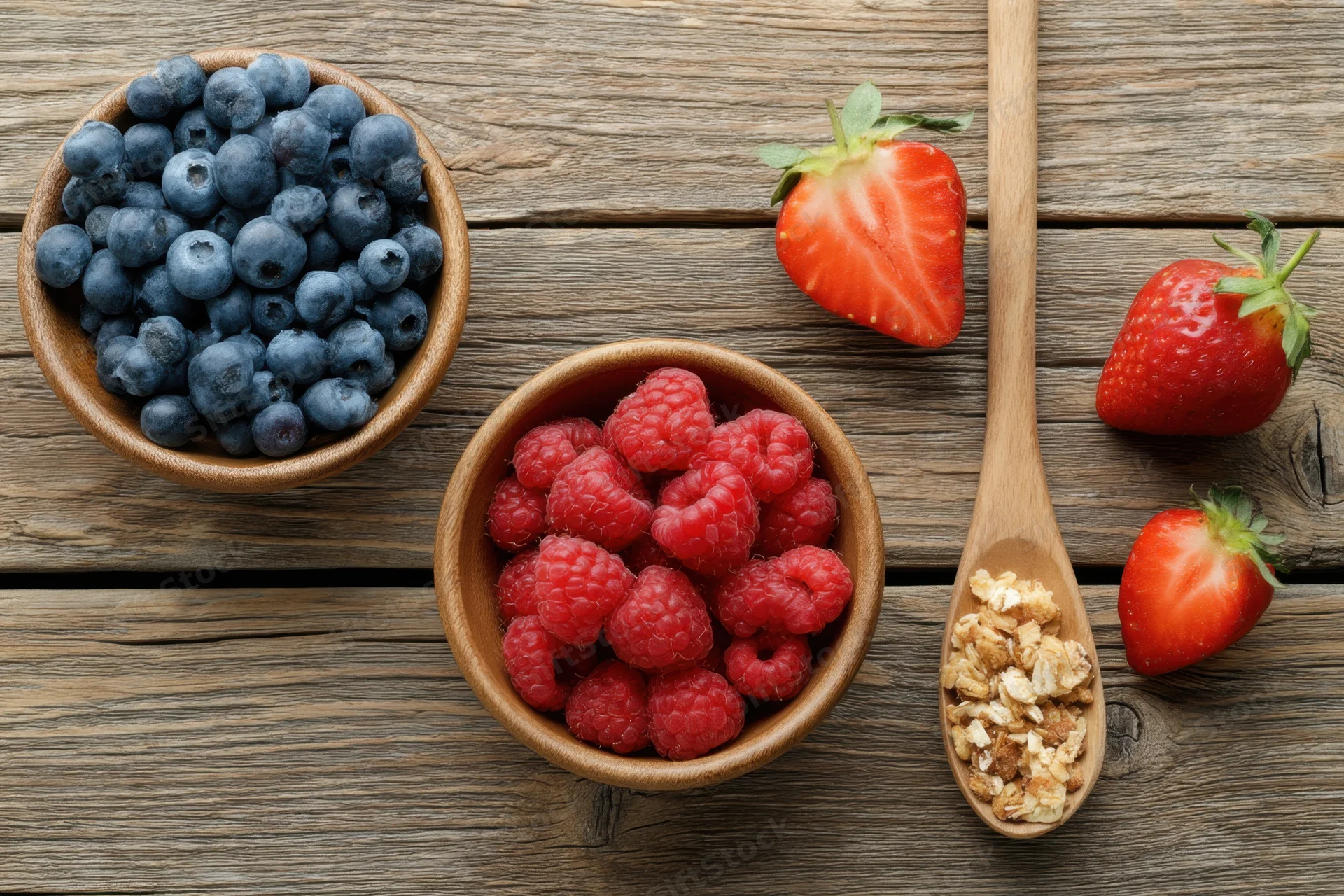 Wooden bowls filled with blueberries and raspberries and a spoon with granola on a rustic table with strawberries nearby
