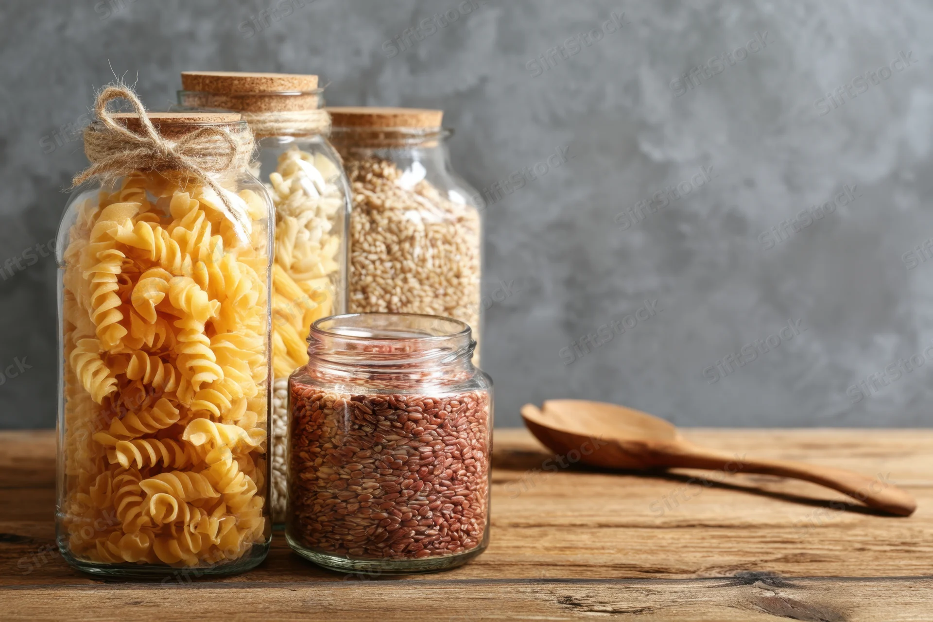Uncooked pasta and grains in glass jars arranged on a rustic wooden table with a wooden spoon nearby
