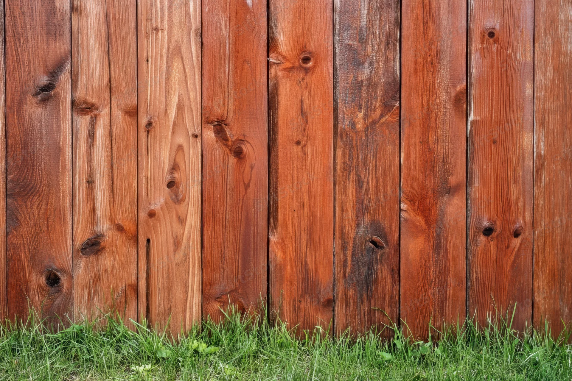 Vertical wooden fence planks with visible grain and knots at ground level beside green grass