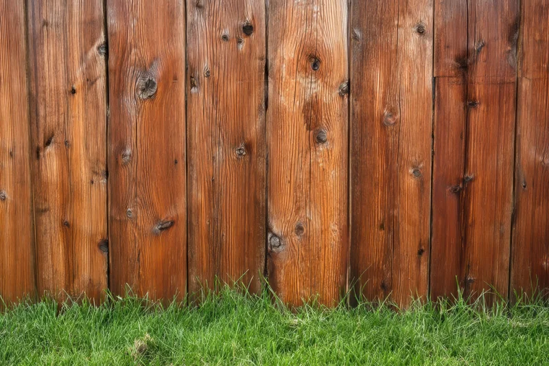Vertical wooden fence planks with visible grain and knots bordering a green grass lawn