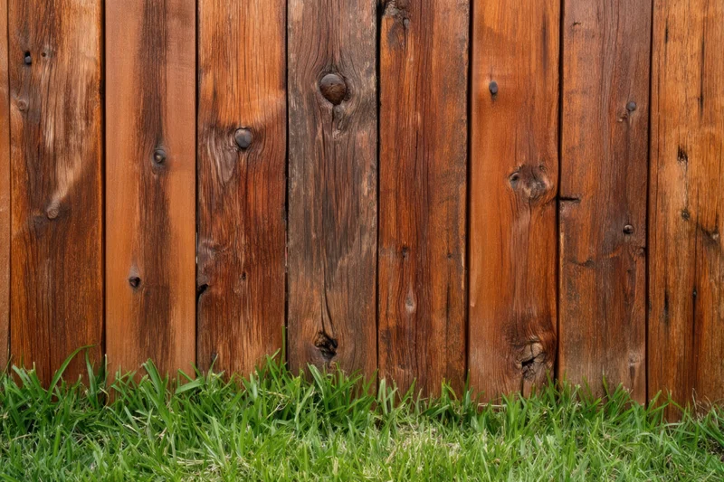 Vertical wooden fence planks with visible grain and knots bordering a green grass lawn