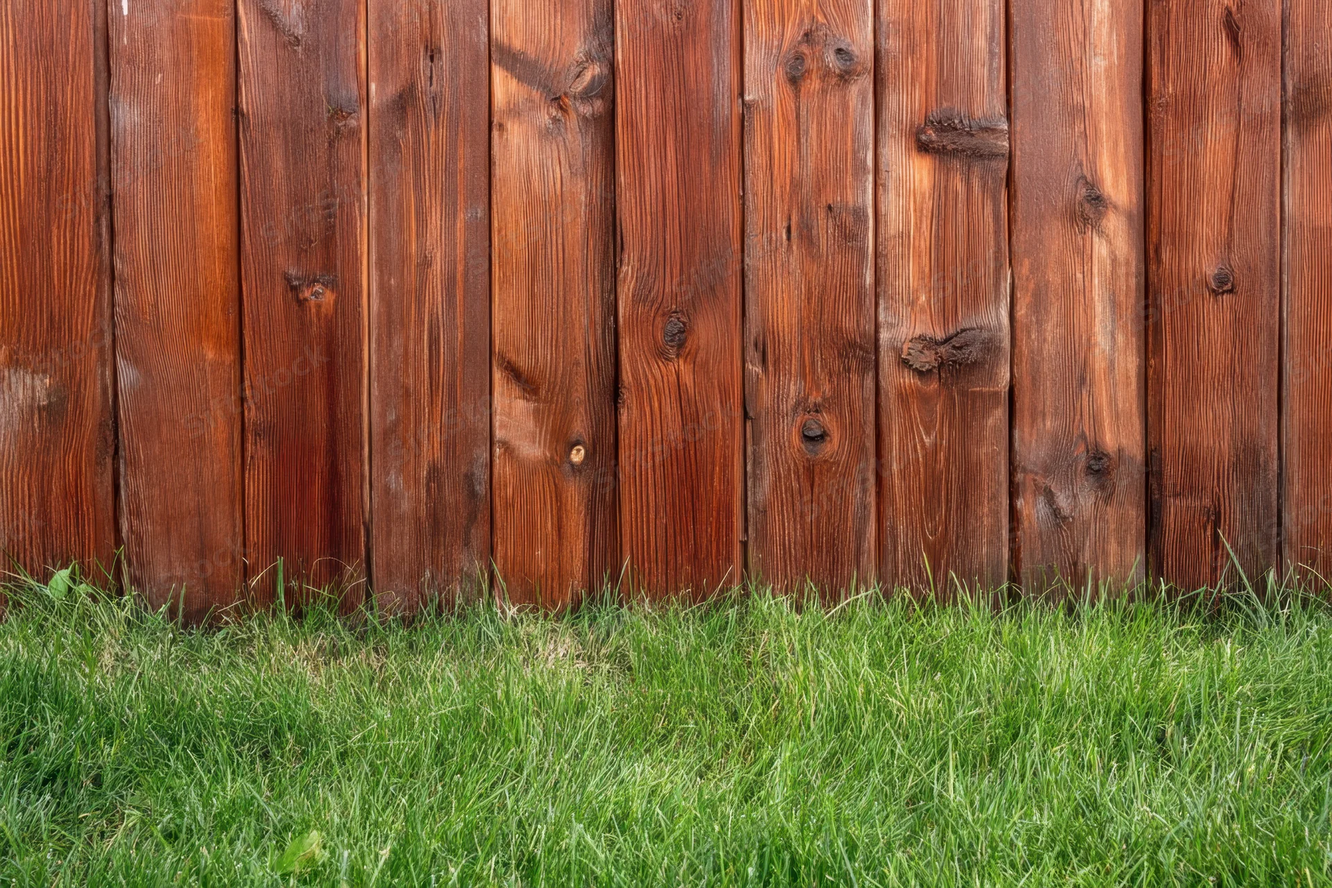 Vertical wooden fence planks with visible grain and knots bordering a green lawn