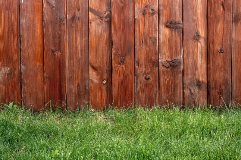 Vertical wooden fence planks with visible grain and knots bordering a green lawn