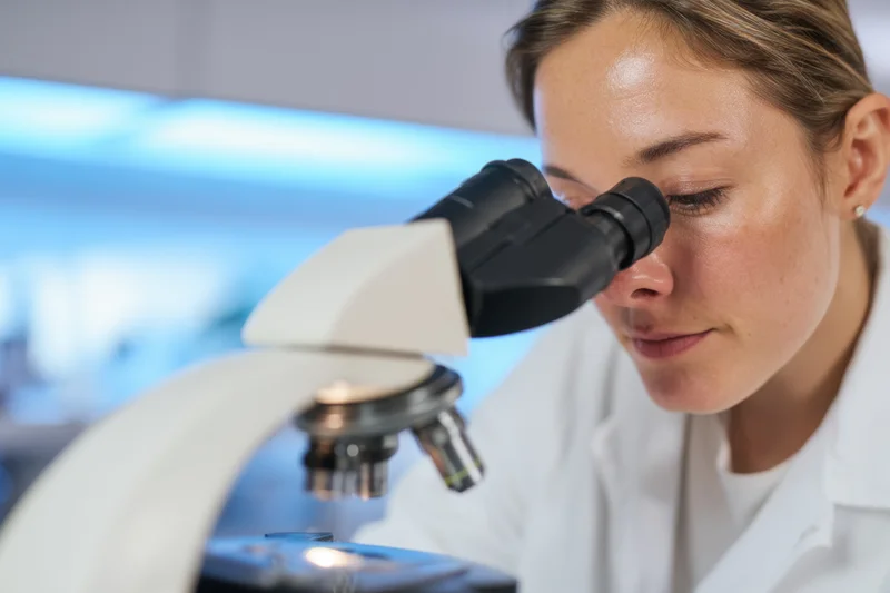 Woman scientist in lab coat observing specimen through microscope in laboratory