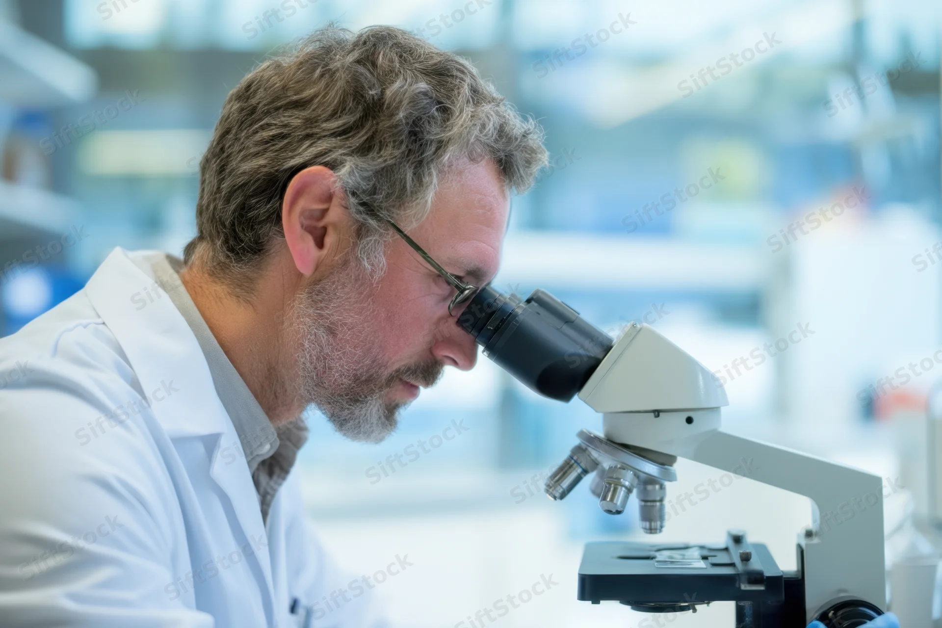 Scientist in lab coat observing specimen through microscope in laboratory