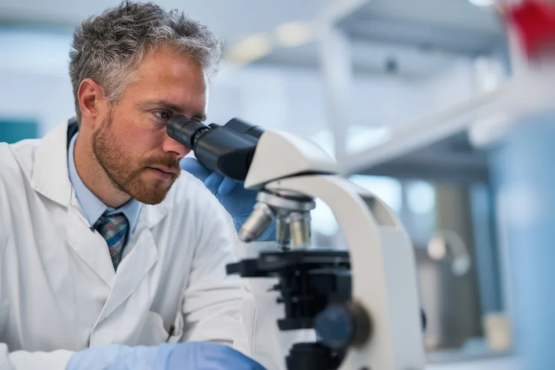 Scientist in lab coat observing specimen through microscope in laboratory setting