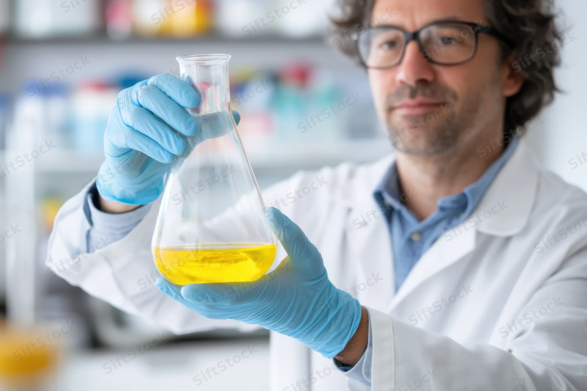 Scientist holding glass flask with yellow liquid in laboratory