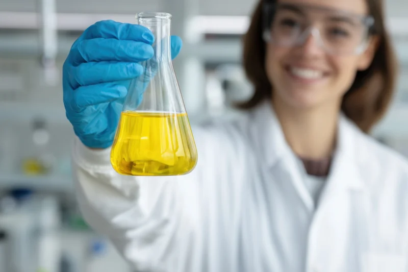 Scientist holding a glass flask with yellow liquid in a laboratory