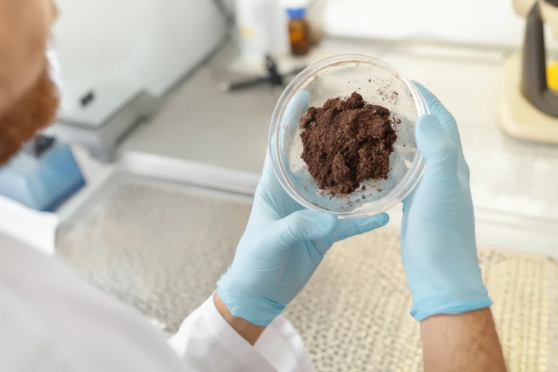 Scientist holding petri dish with soil sample in laboratory