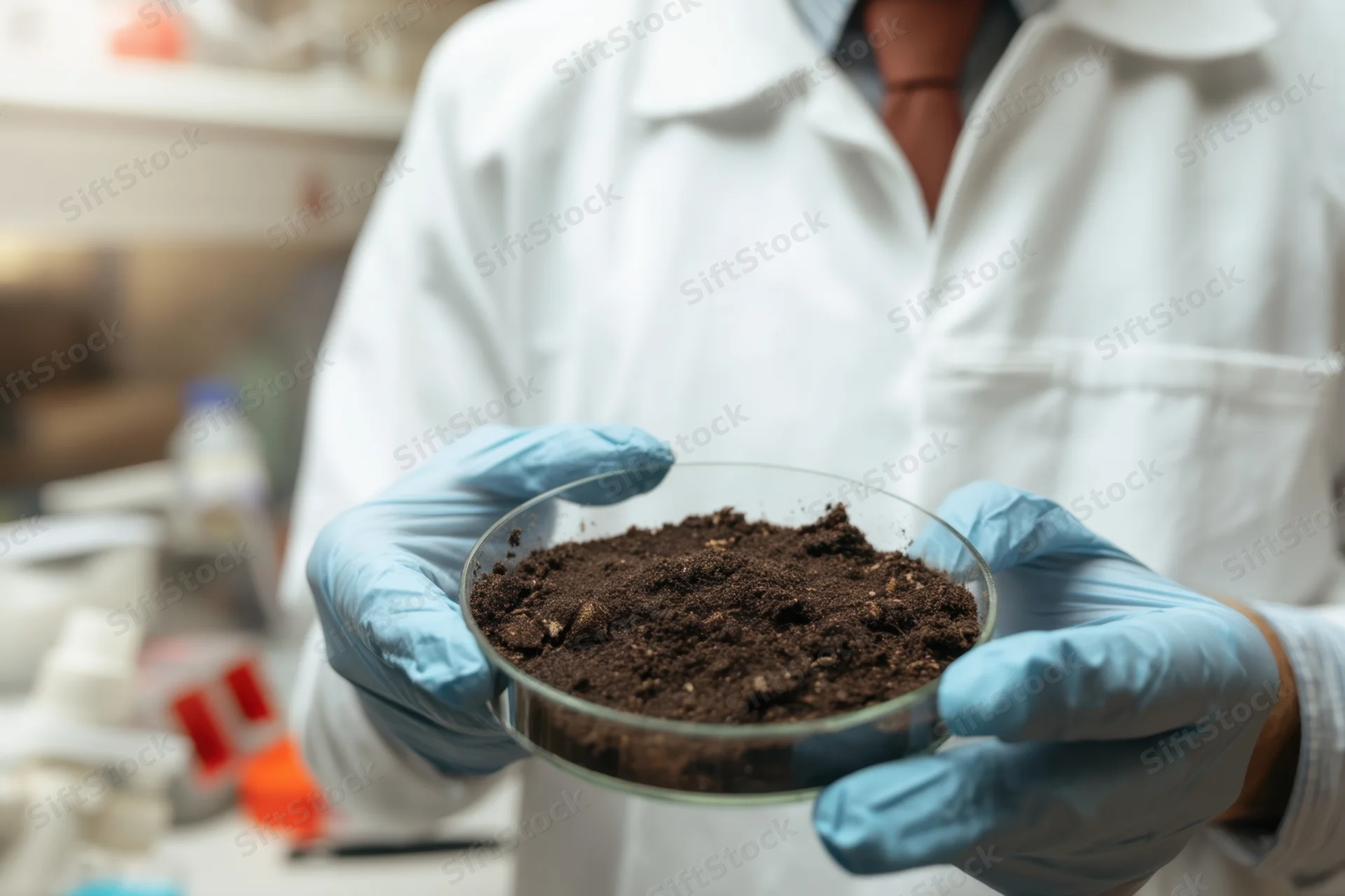 Scientist holding petri dish with soil sample in laboratory