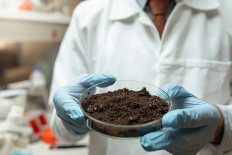 Scientist holding petri dish with soil sample in laboratory