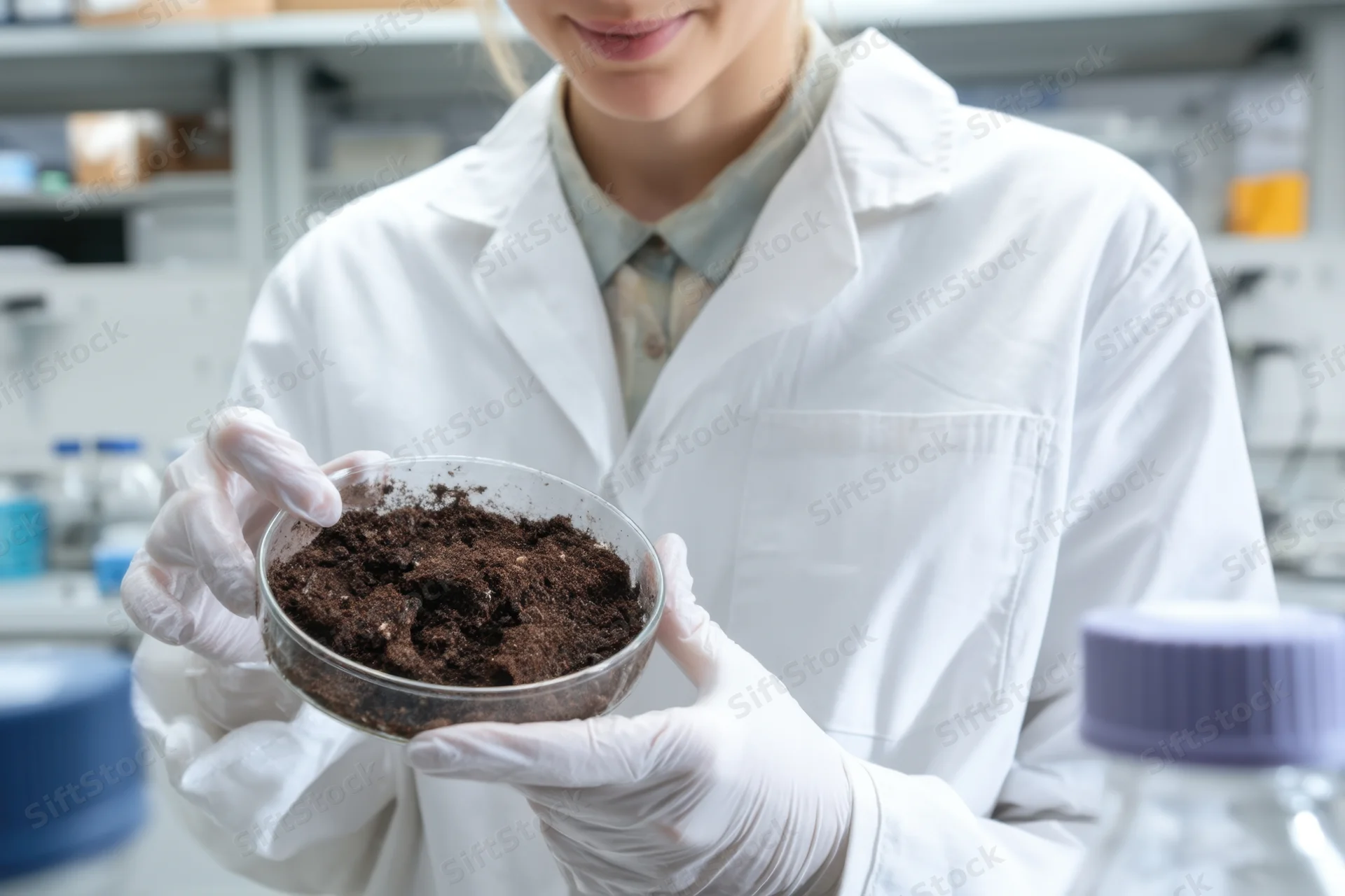 Scientist holding soil sample in petri dish in laboratory