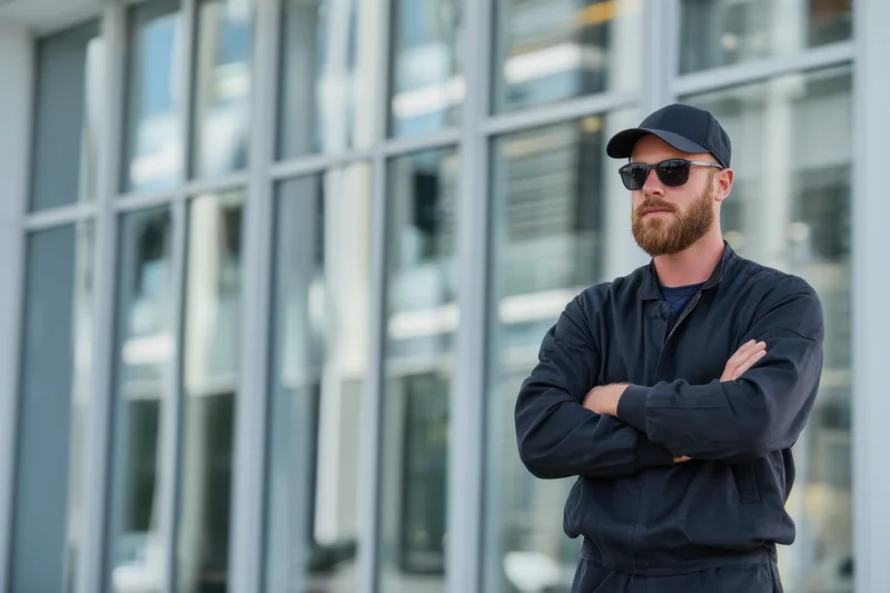 Security guard standing confidently with arms crossed outside modern glass building