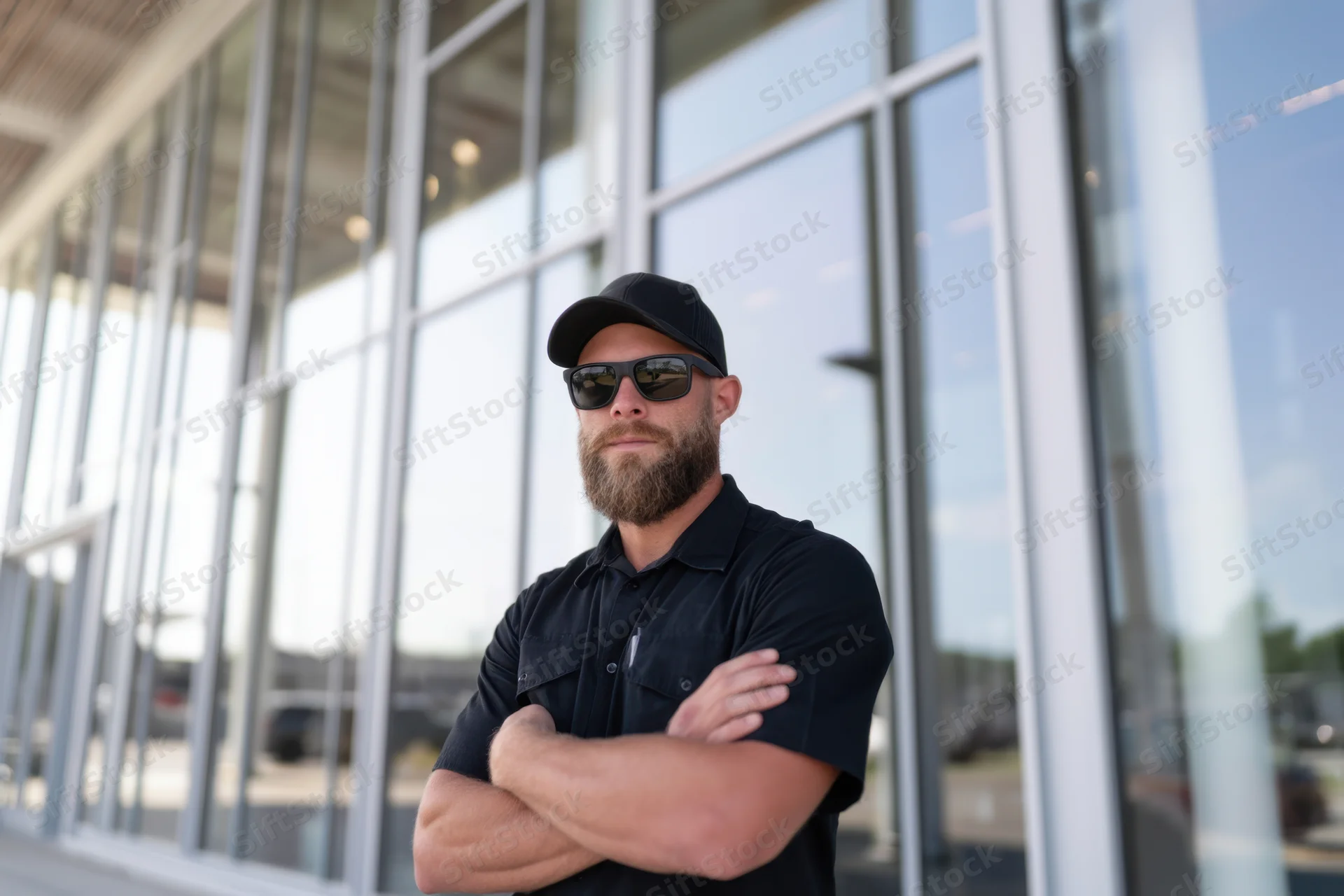 Security guard standing confidently with arms crossed outside modern glass building