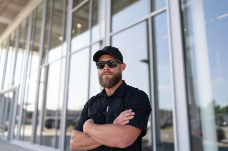 Security guard standing confidently with arms crossed outside modern glass building