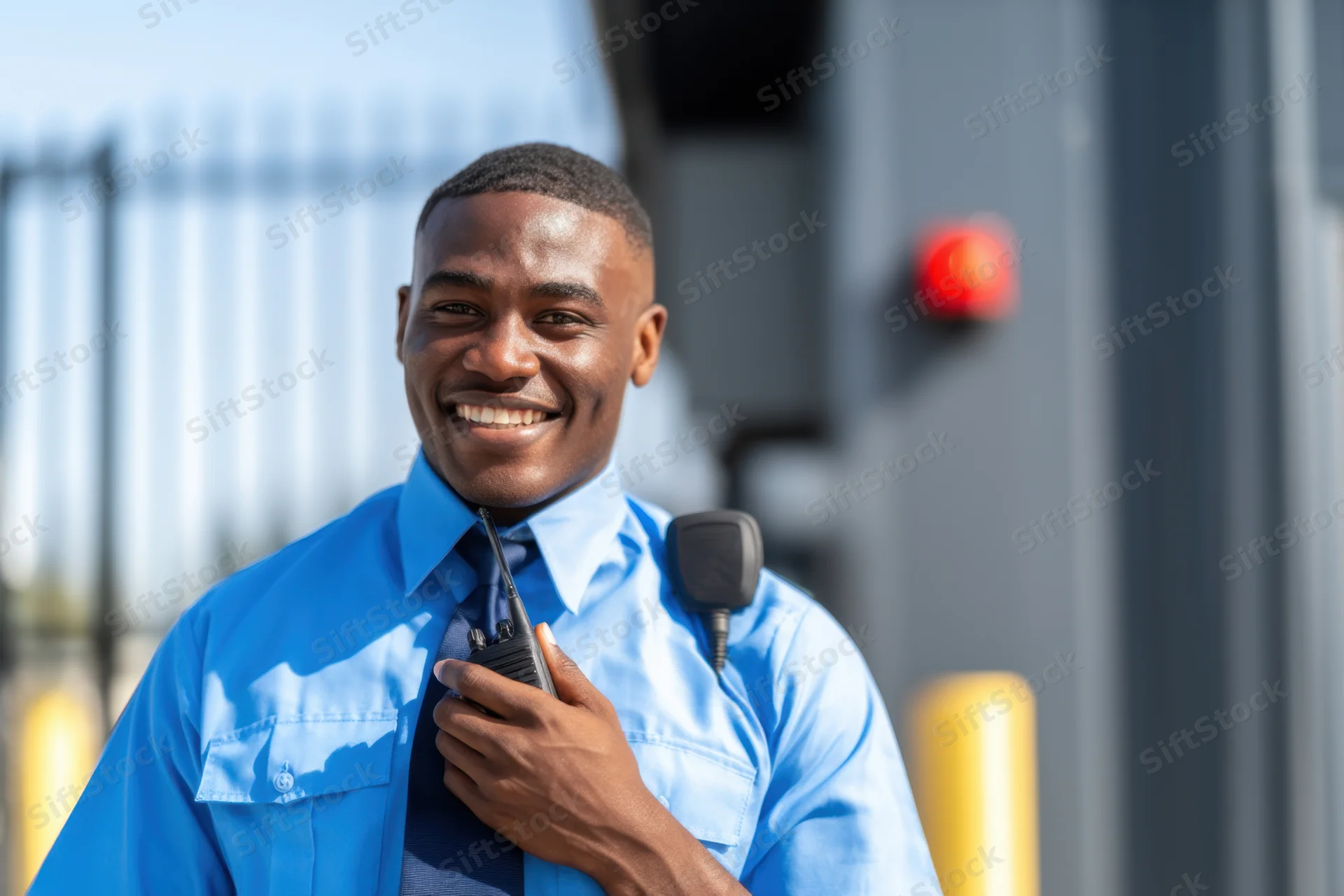 Smiling security officer in blue uniform holding walkie radio outdoors near industrial gate