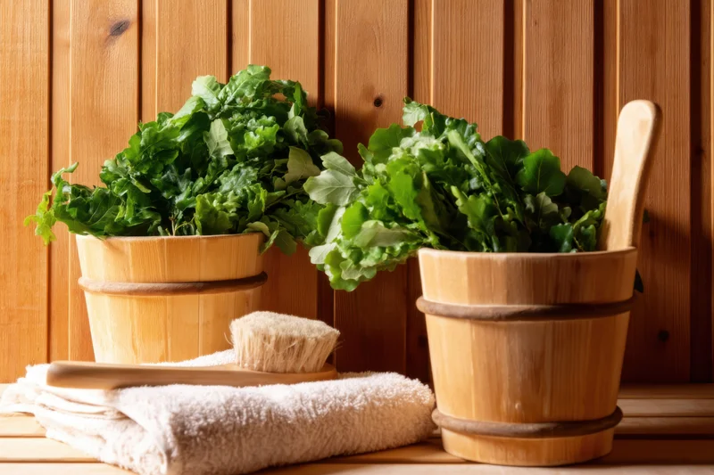 Two wooden buckets filled with fresh oak leaves and a towel and brush on a wooden sauna bench