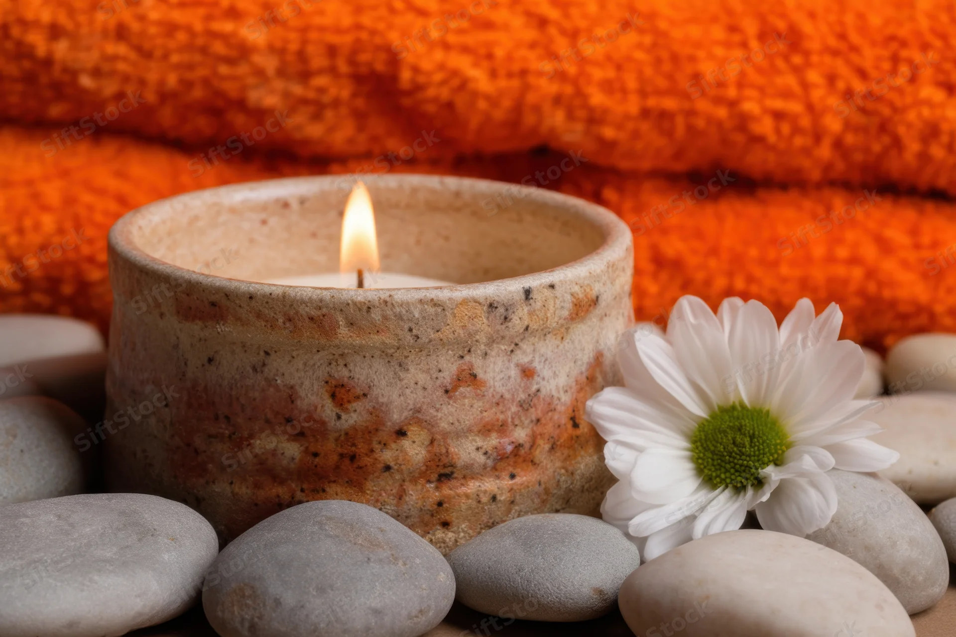 Lit candle in textured ceramic holder surrounded by smooth stones and a white daisy with orange towel in background