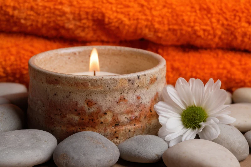 Lit candle in textured ceramic holder surrounded by smooth stones and a white daisy with orange towel in background