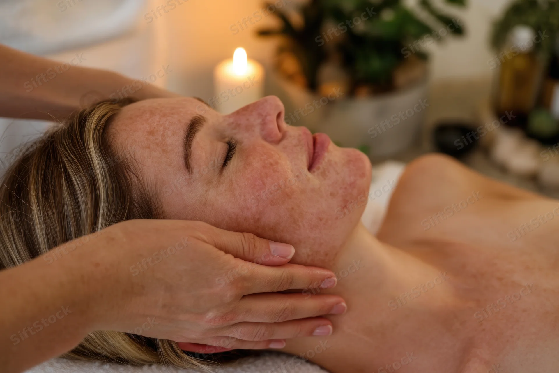 Woman receiving facial massage in spa setting with candlelight and plants