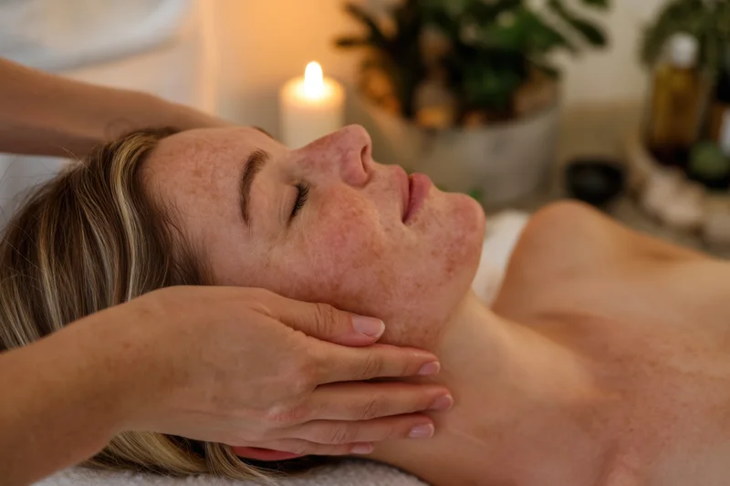 Woman receiving facial massage in spa setting with candlelight and plants