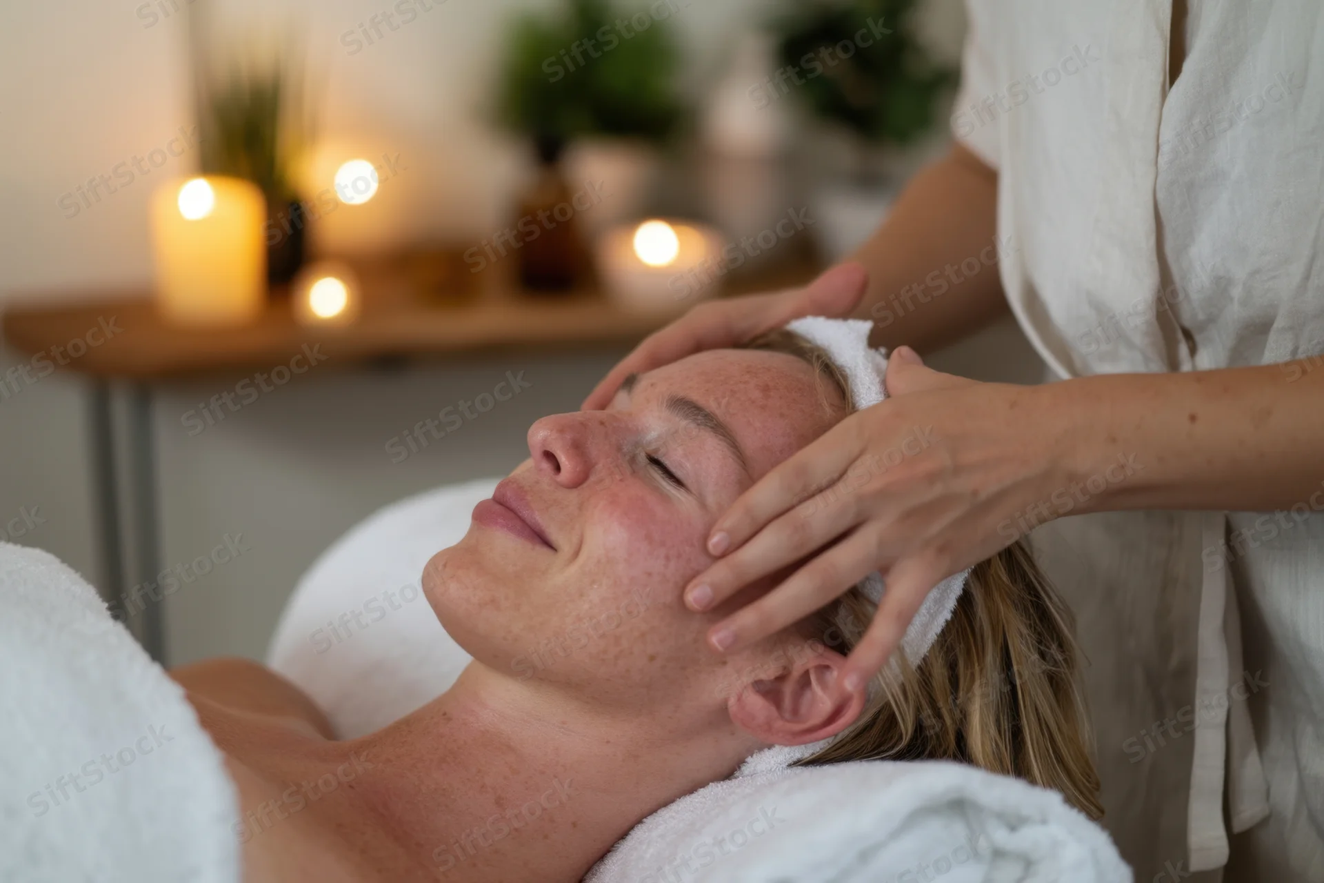 Woman receiving facial massage at spa with candles and plants in background
