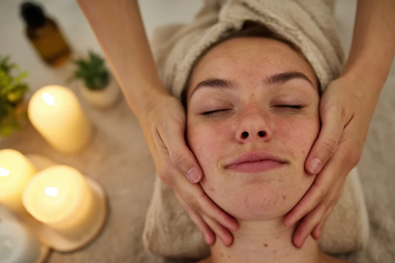 Woman receiving facial massage in spa setting with candles and towel on head